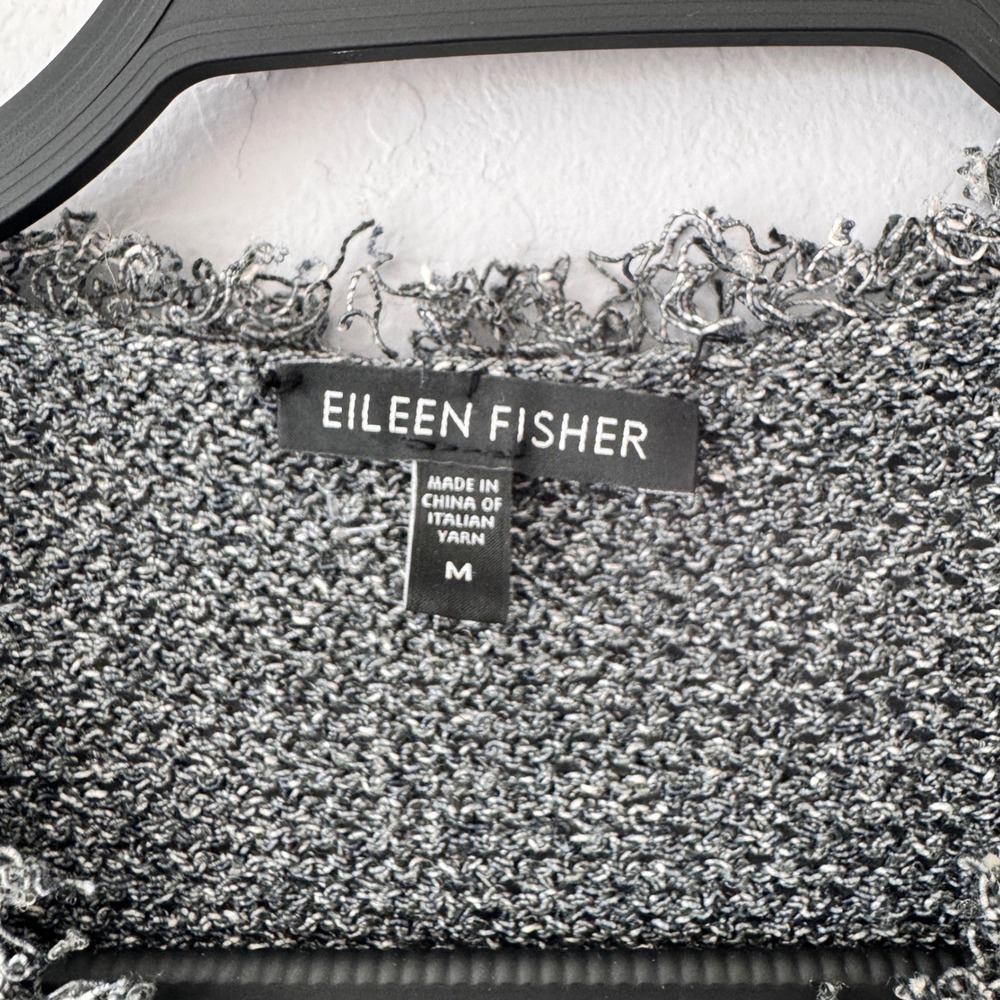 Eileen Fisher Cardigan Sweater M Gray Knit Frayed Trim‎ Snap Front Long Sleeve - Picture 4 of 6